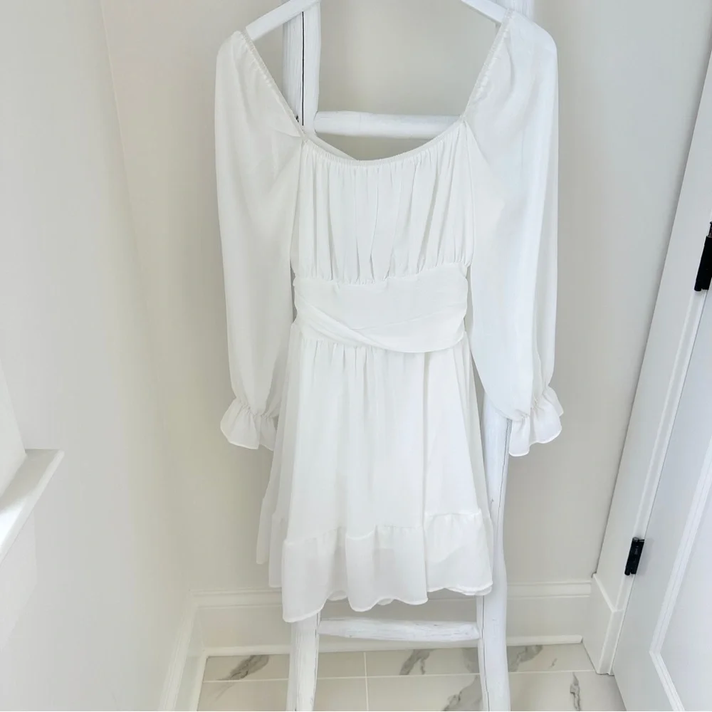 Exlura Long Lantern Sleeve Square Neck Elastic Waist Aline Casual Mini Dress